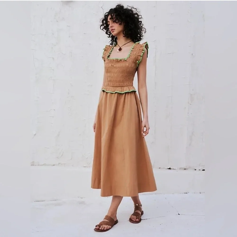Free People Tan Midi Dress with Green Trim